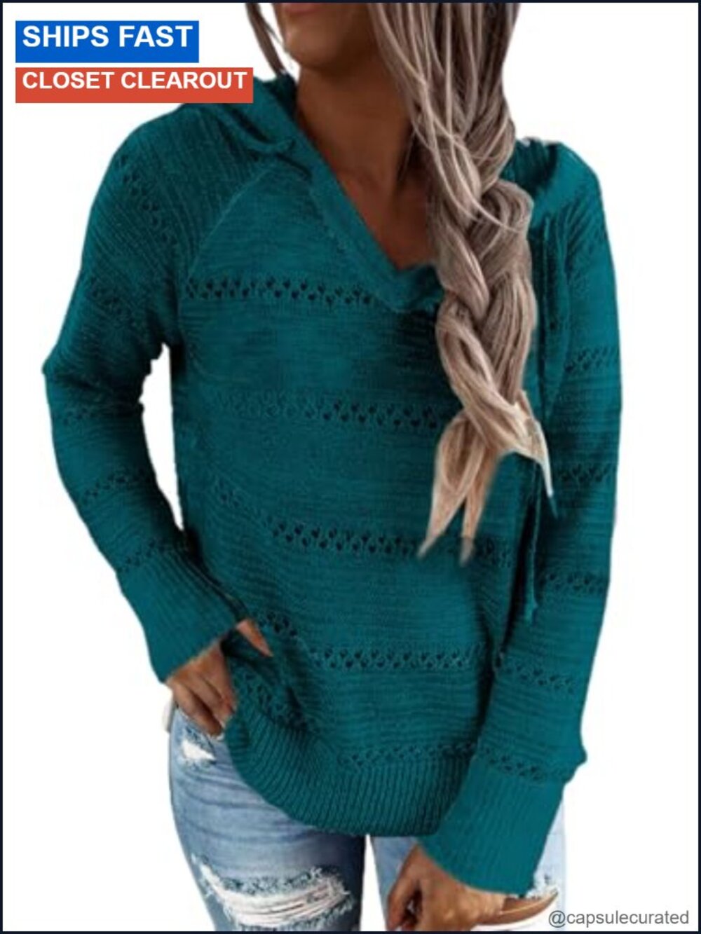 Striped Crochet Hooded Pullover Sweater Loose Fit Lightweight